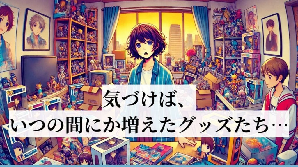 グッズが溢れた部屋に女性が立っている