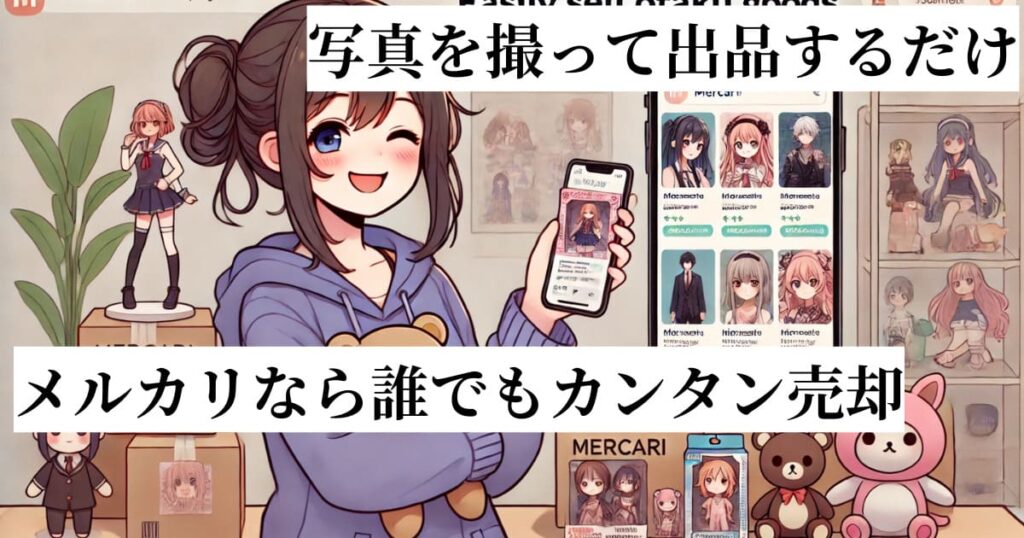 スマホでメルカリに出品している女性