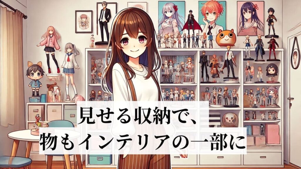 おしゃれにグッズを並べた部屋に女性がいる